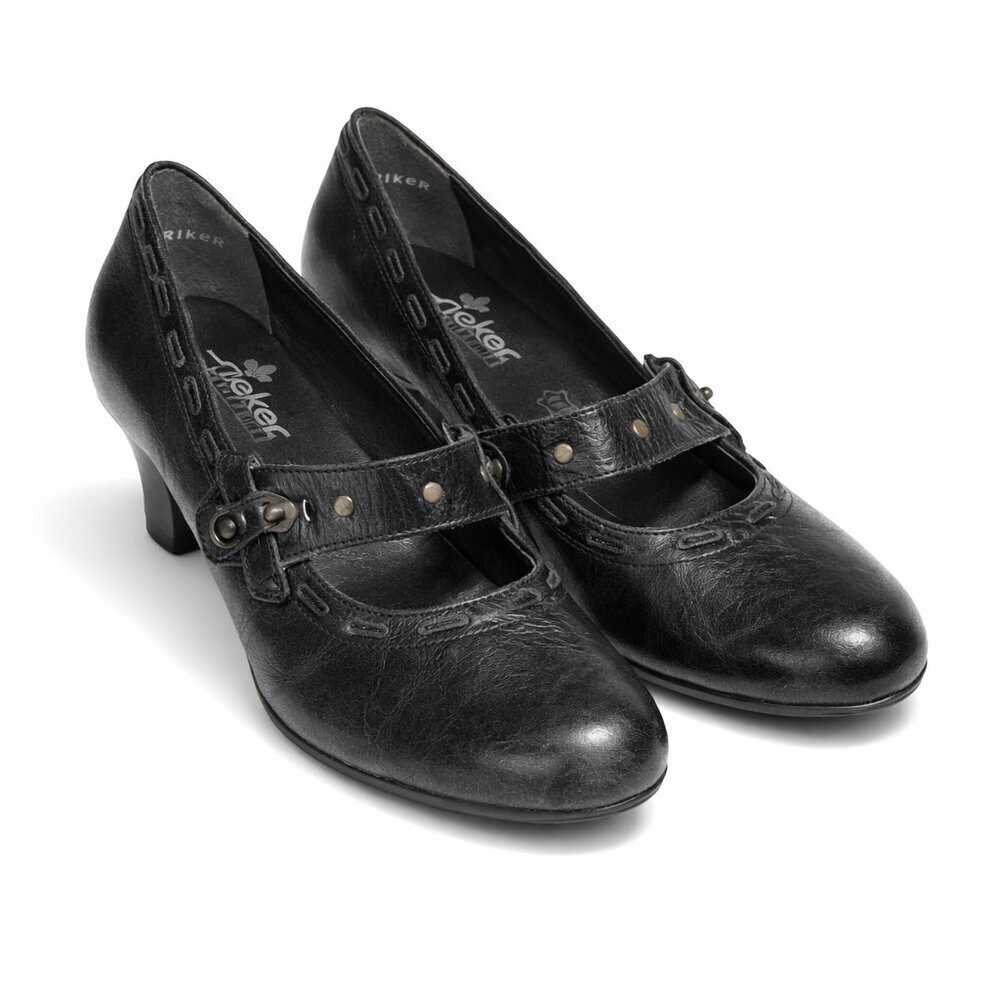 RIEKER Black Leather Mary Jane Heels Shoes Siz 6.5